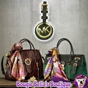 Michael Kors Gold MK Logo Hang Tag Bag Charm Dark Brown Leather